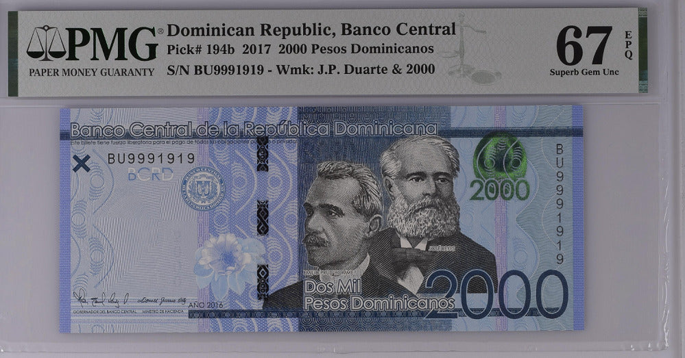 Dominican Republic 2000 Pesos 2017 P 194 b 9991919 Superb Gem UNC PMG 67 EPQ Top