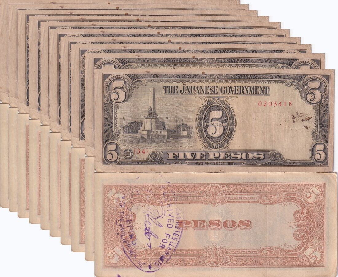 Philippines 5 PESOS 1943 WWII Japanese Occupation P 110 HEAVY USED LOT 10 PCS
