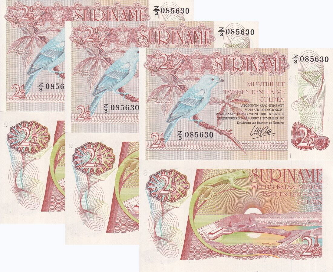 Suriname 2 1/2 Gulden 1985 Z Prefix P 119 UNC LOT 3 PCS