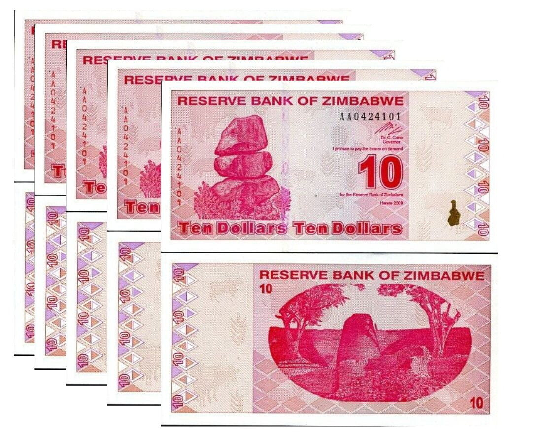 Zimbabwe 10 Dollars 2009 P 94 UNC LOT 5 PCS