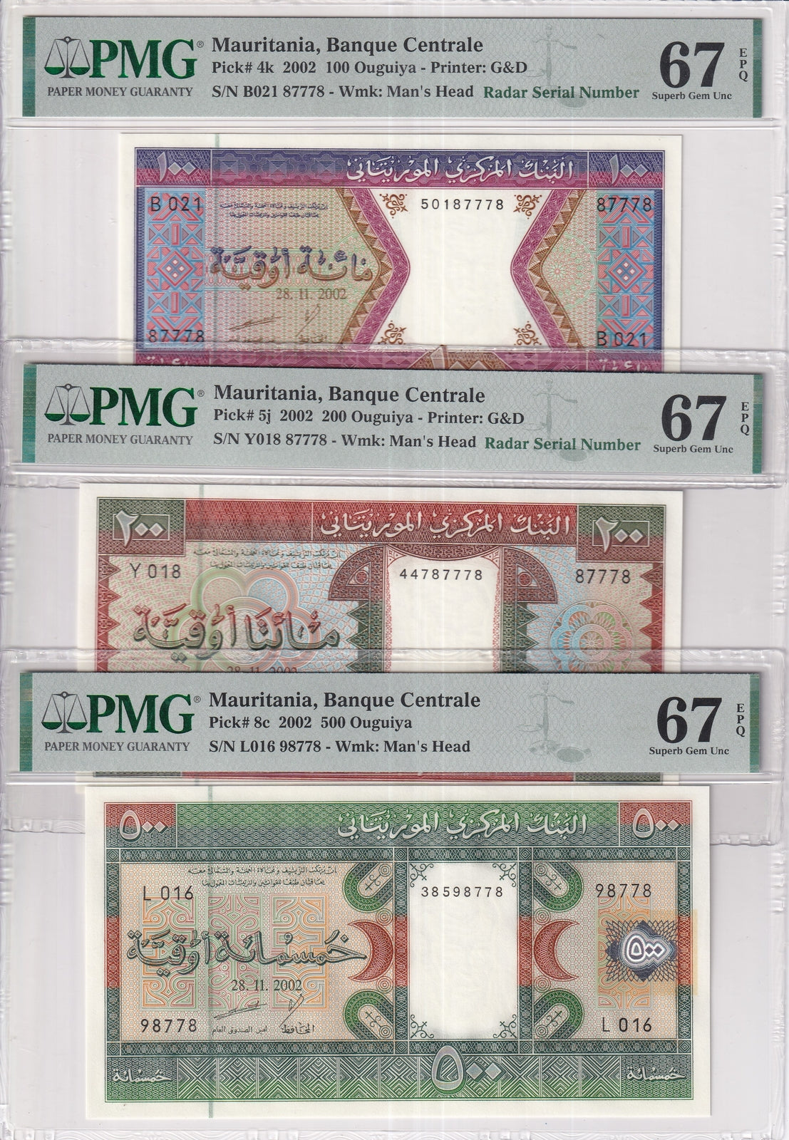 Mauritania Set 3; 100 200 500 Ouguiya 2002 P 4 5 8 Superb Gem UNC PMG 67 EPQ