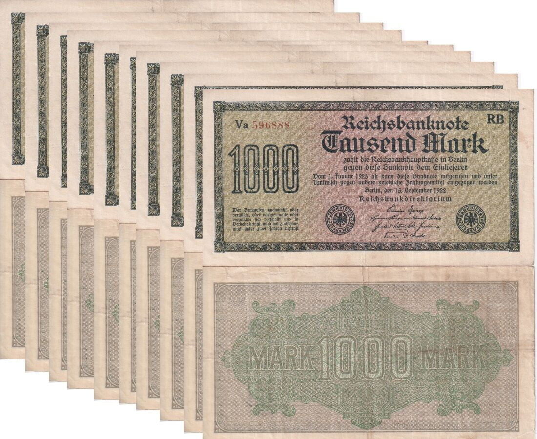 Germany 1000 Mark 1922 P 76 USED / Circulated LOT 10 PCS