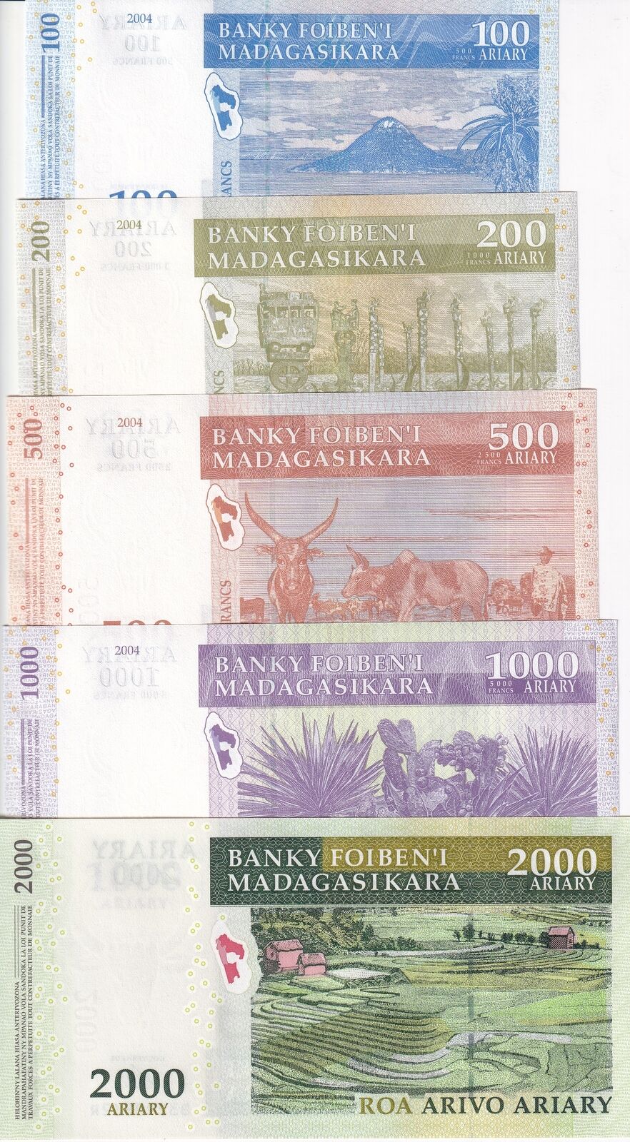 Madagascar set 5 UNC 100 200 500 1000 2000 Ariary 2004 Random Sign P 86-90
