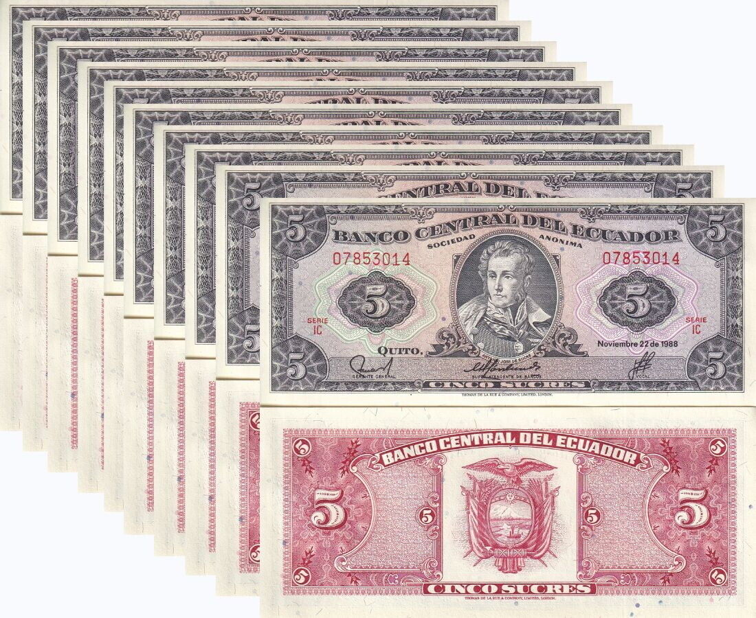 Ecuador 5 Sucres 1988 P 113 d UNC LOT 10 PCS