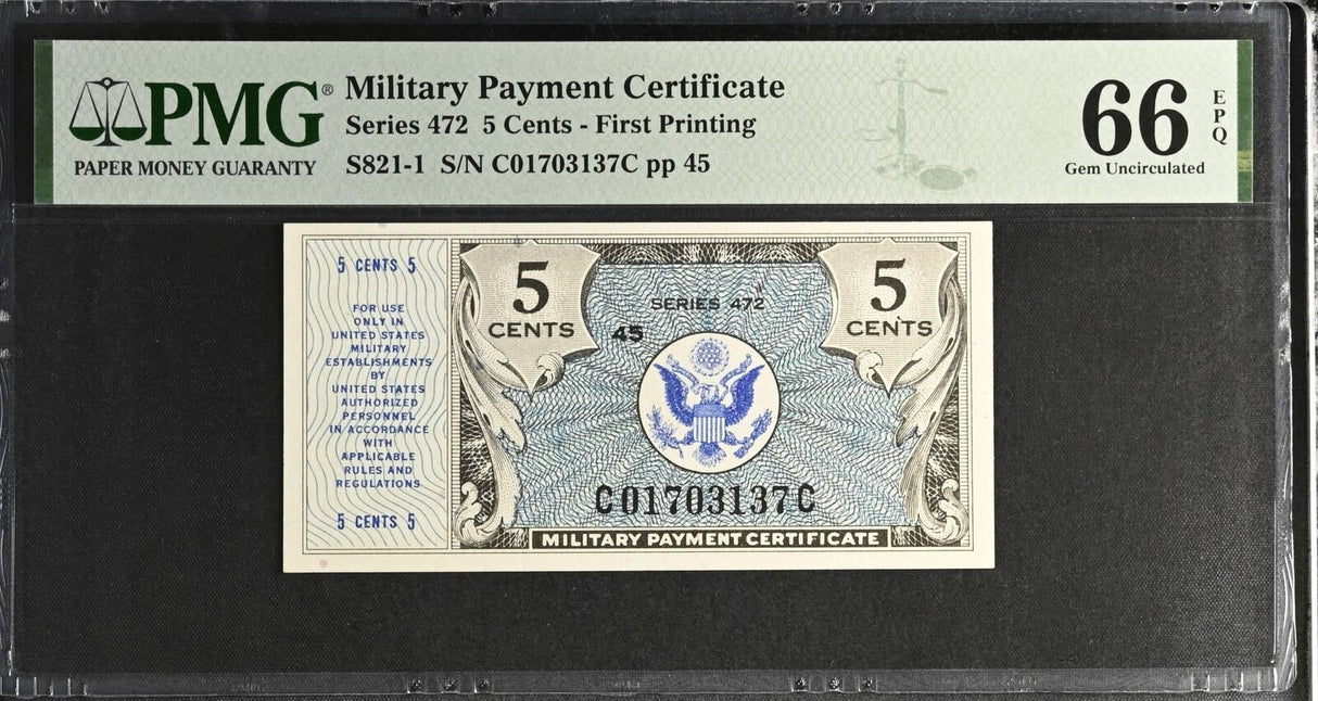 Military Payment Certificate 5 Cents ND 1948 P M66 USA Gem UNC PMG 66 EPQ