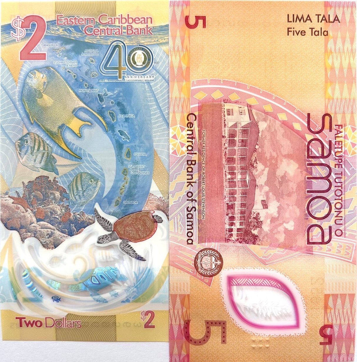 SET 2 Polymer 2023 2024 East Caribbean 2 Dollars & Samoa 5 tala P NEW COMM. UNC