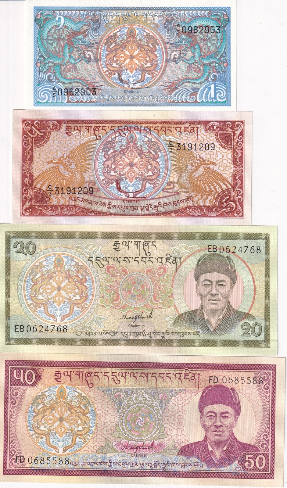 Bhutan Set 4 Pcs 1 5 20 50 Ngultrum ND 1985-1992 P 12 P 14 P 16 P 17 UNC