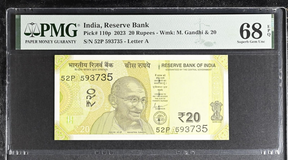 India 20 Rupees 2023 P 110 p Letter A Superb Gem UNC PMG 68 EPQ