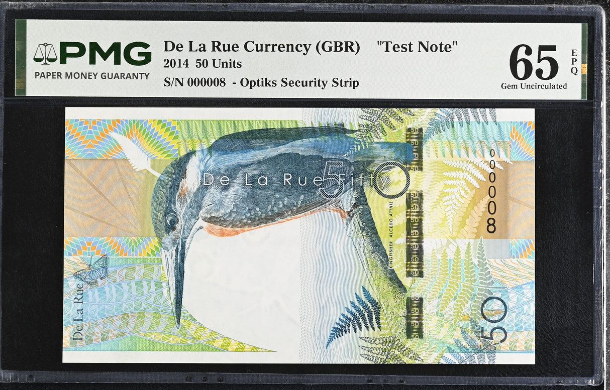 TEST NOTE DE LA RUE 50 Fifty 2014 Kingfisher Gem UNC PMG 65 EPQ