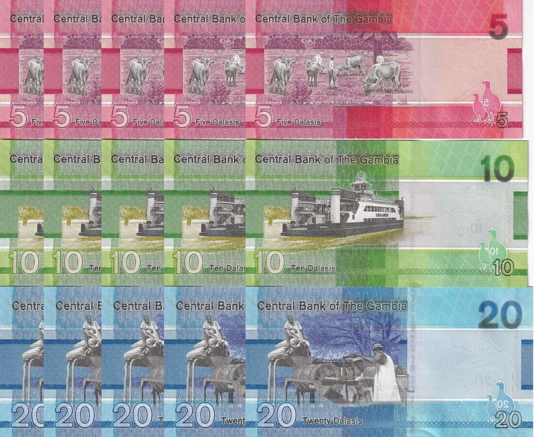 Gambia Set 3 UNC 5 10 20 Dalasis 2023/2024 P 37 38 39 LOT 5 = 15 Pcs