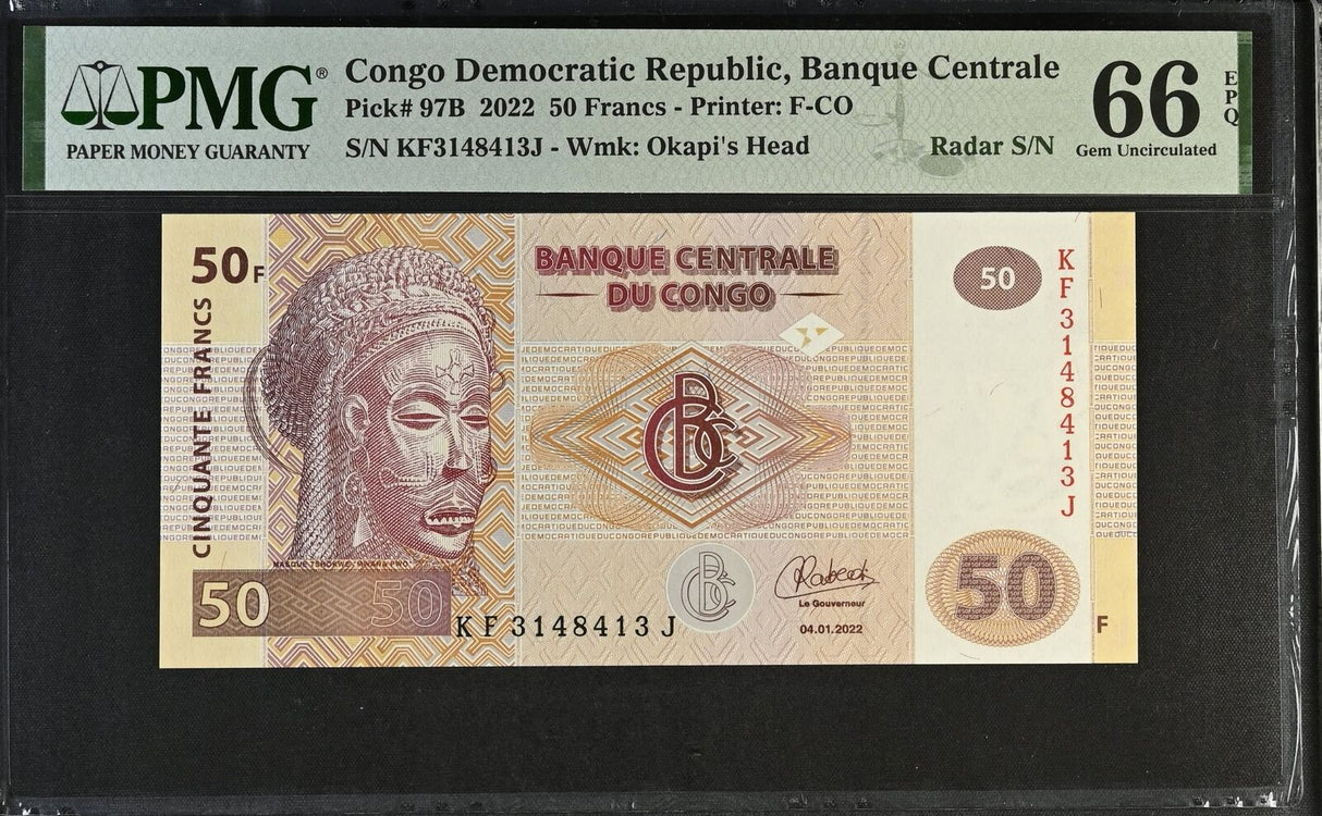 Congo 50 Francs 2022 P 97B RADAR number Gem UNC PMG 66 EPQ