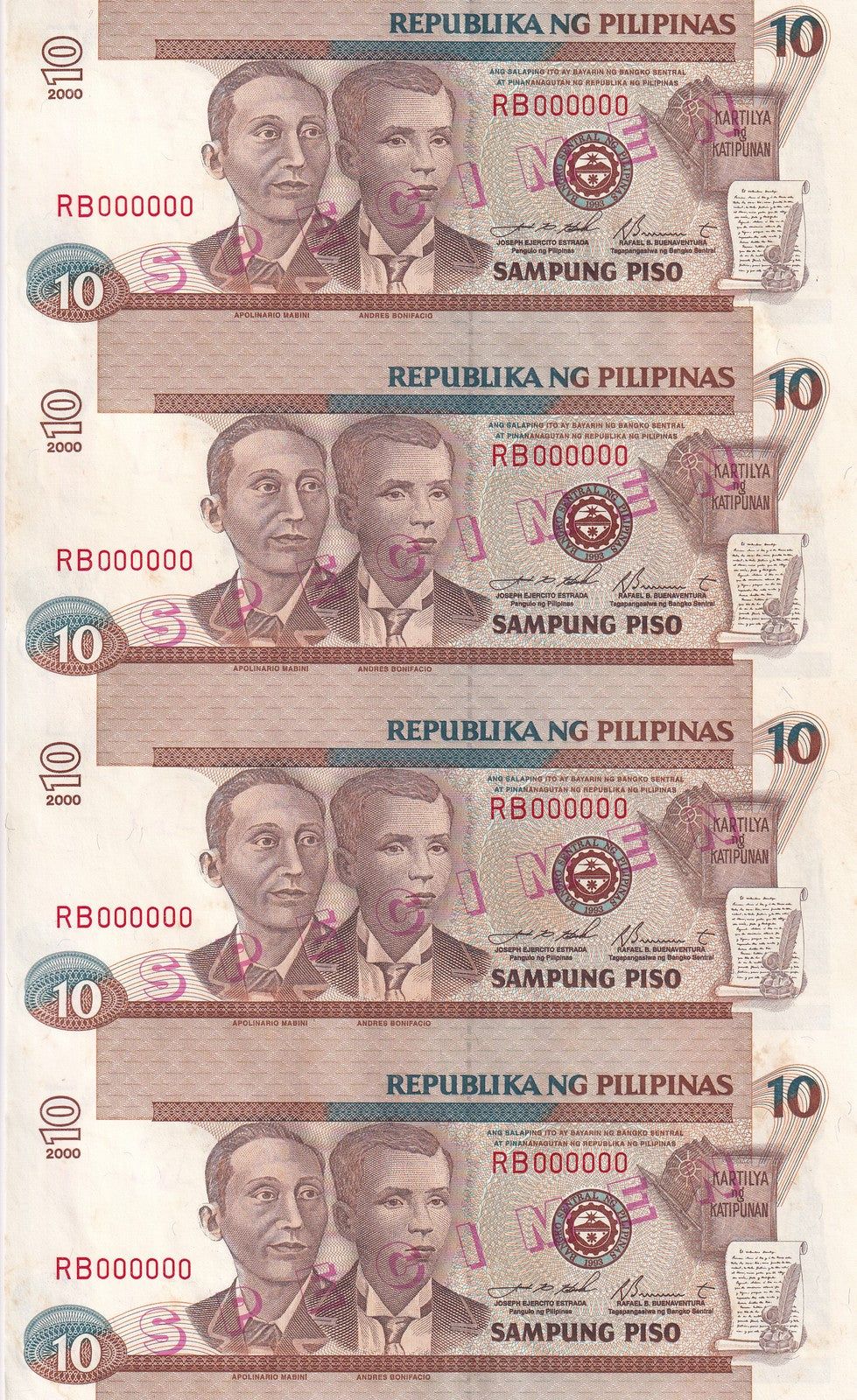 PHILIPPINES 10 Piso 2000 Uncut 4 Specimen P 187 AUnc Yellow TONE +Folder C SCAN