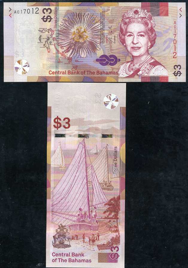 Bahamas 3 Dollars 2019 P 78 UNC WTM Queen II & 3 , Printer F-CO