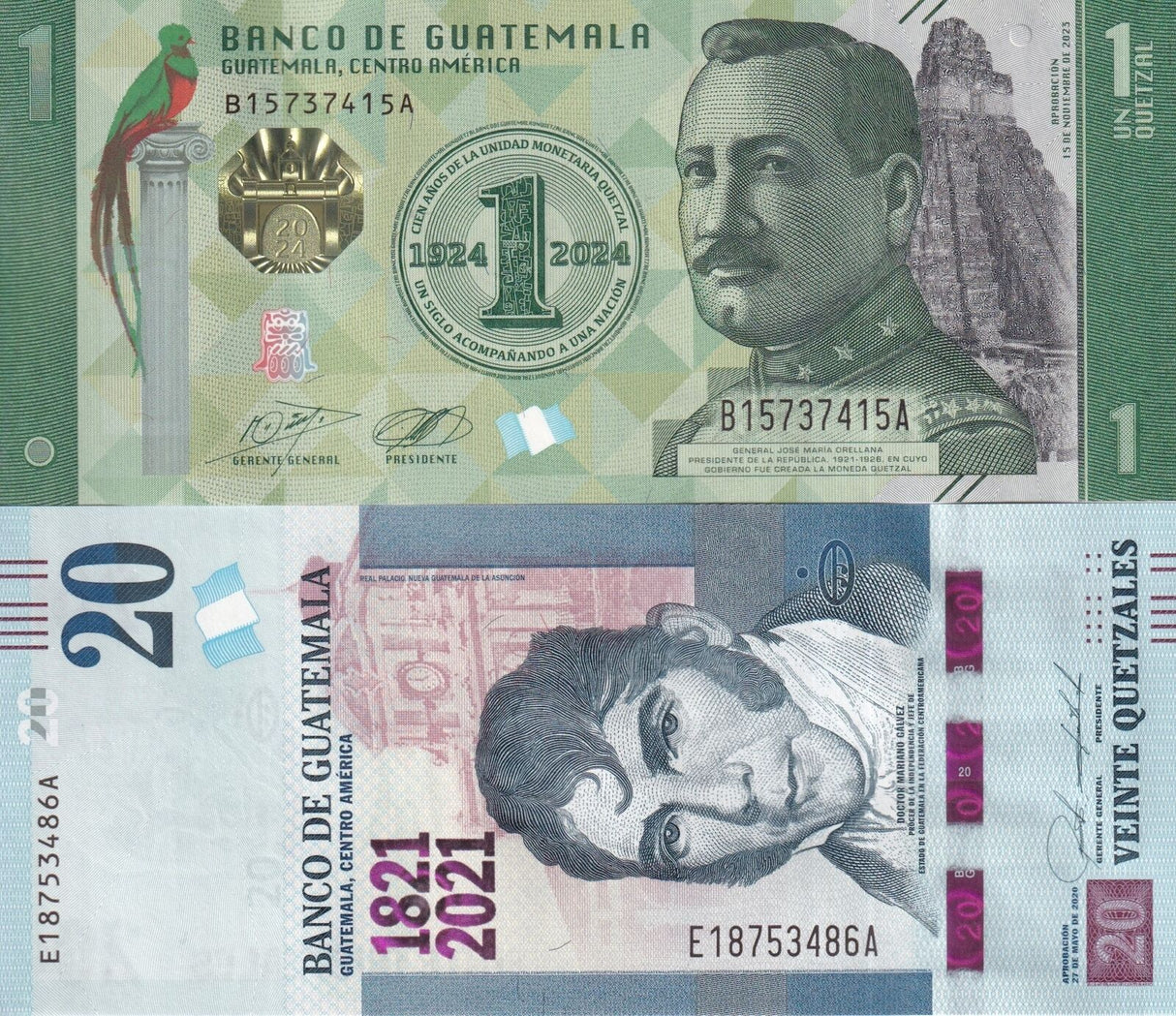 Guatemala Set 2 PCS 1 20 Quetzales 2020 2023 Comm. P 128 P 129 UNC