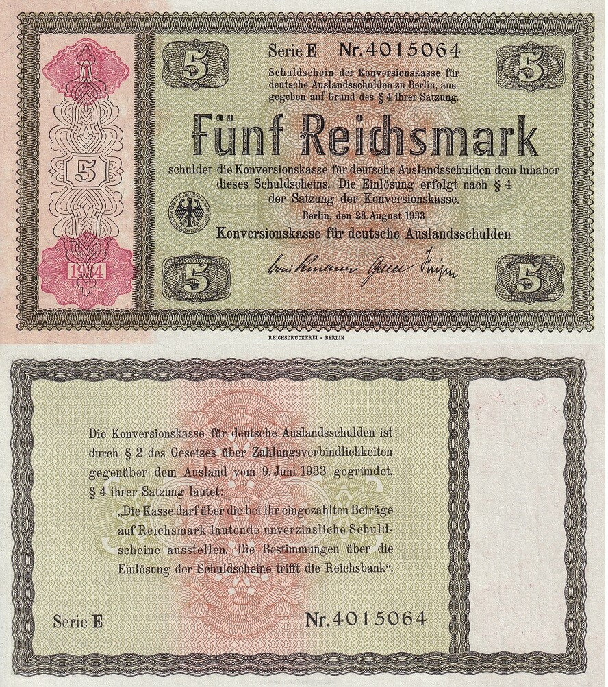 Germany Konversionskasse 5 Reichsmark 1933/1934 P 207 AUnc