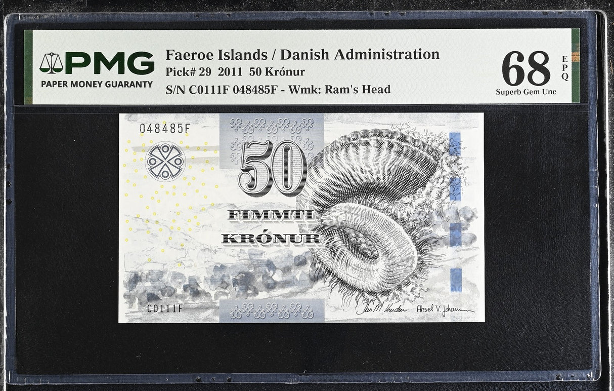 Faeroe Islands 50 Kronur 2011 P 29 Superb GEM UNC PMG 68 EPQ