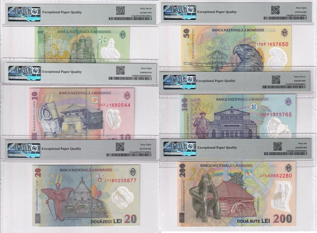 Romania Set 6; 1 10-200 Lei 2017-24 P 117-122 Superb Gem UNC PMG 66 67 68 EPQ