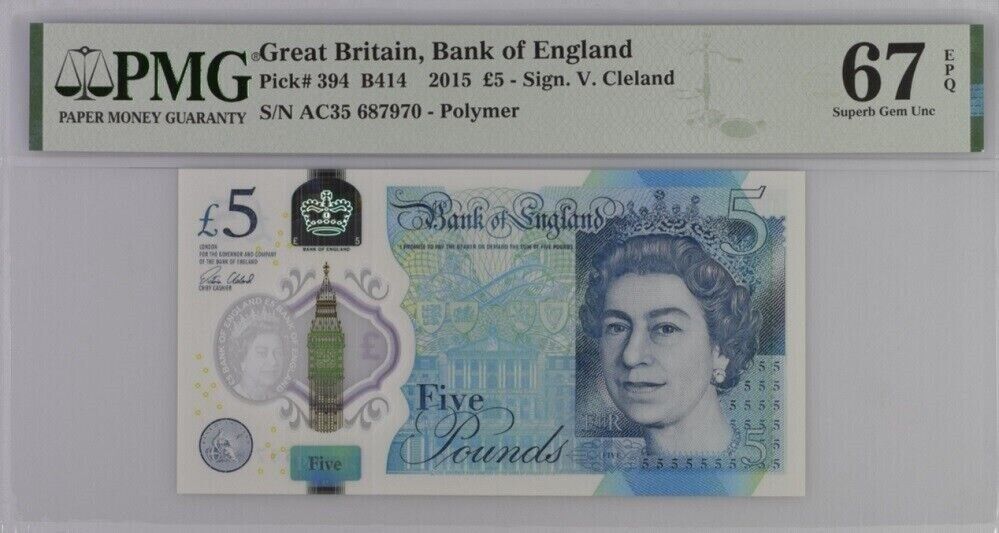 Great Britain 5 Pounds 2015 P 394 Polymer Superb Gem UNC PMG 67 EPQ