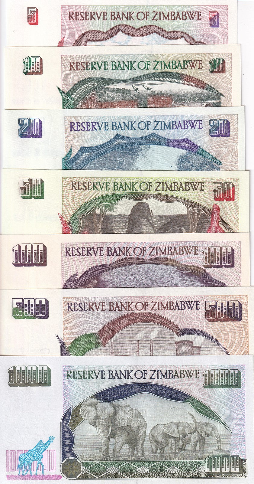 Zimbabwe SET 7 UNC 5 10 20 50 100 500 1000 Dollars 1994-2003 P 5 6 7 8 9 11 12