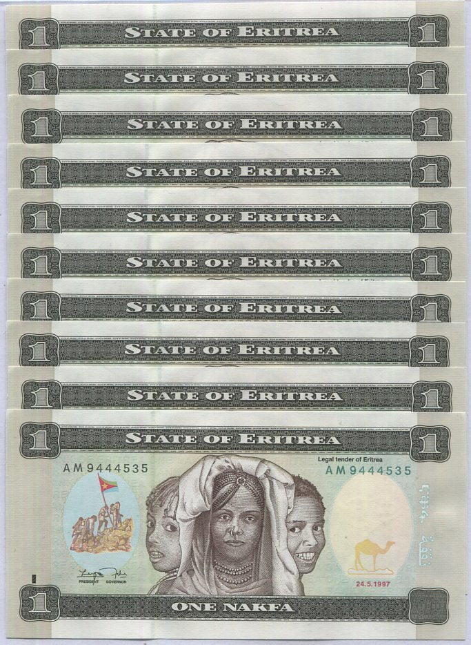 Eritrea 1 Nakfa 1997 P 1 UNC LOT 10 PCS