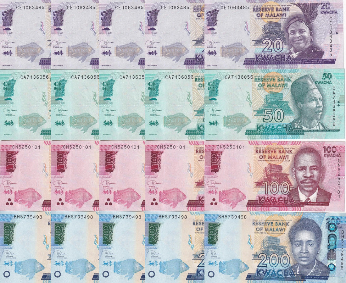 Malawi Set 4 Pcs 20 50 100 200 Kwacha Random Date P 60-65 UNC Lot 5 = 20 Pcs