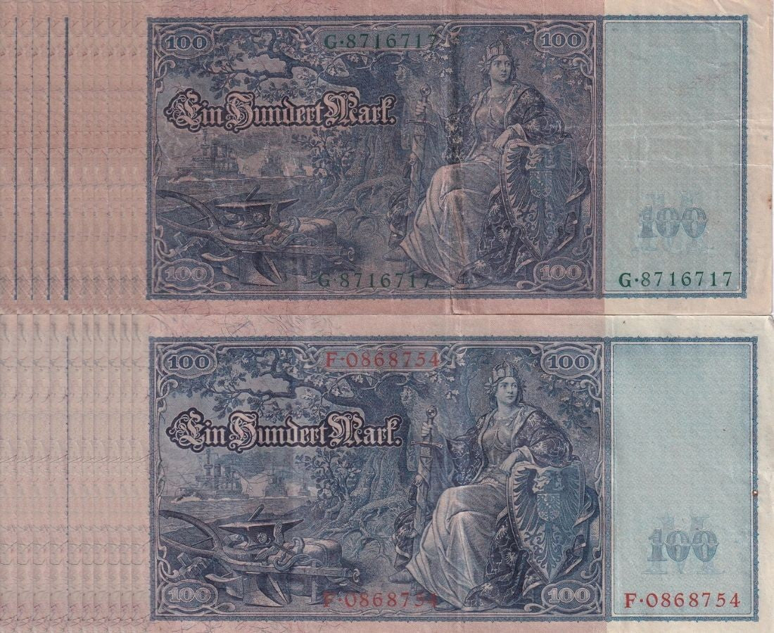 Germany SET 2x LOT 5= 10 PCS 100 Mark 1910 Green+Red Seal P 42 43 Fine Circulat