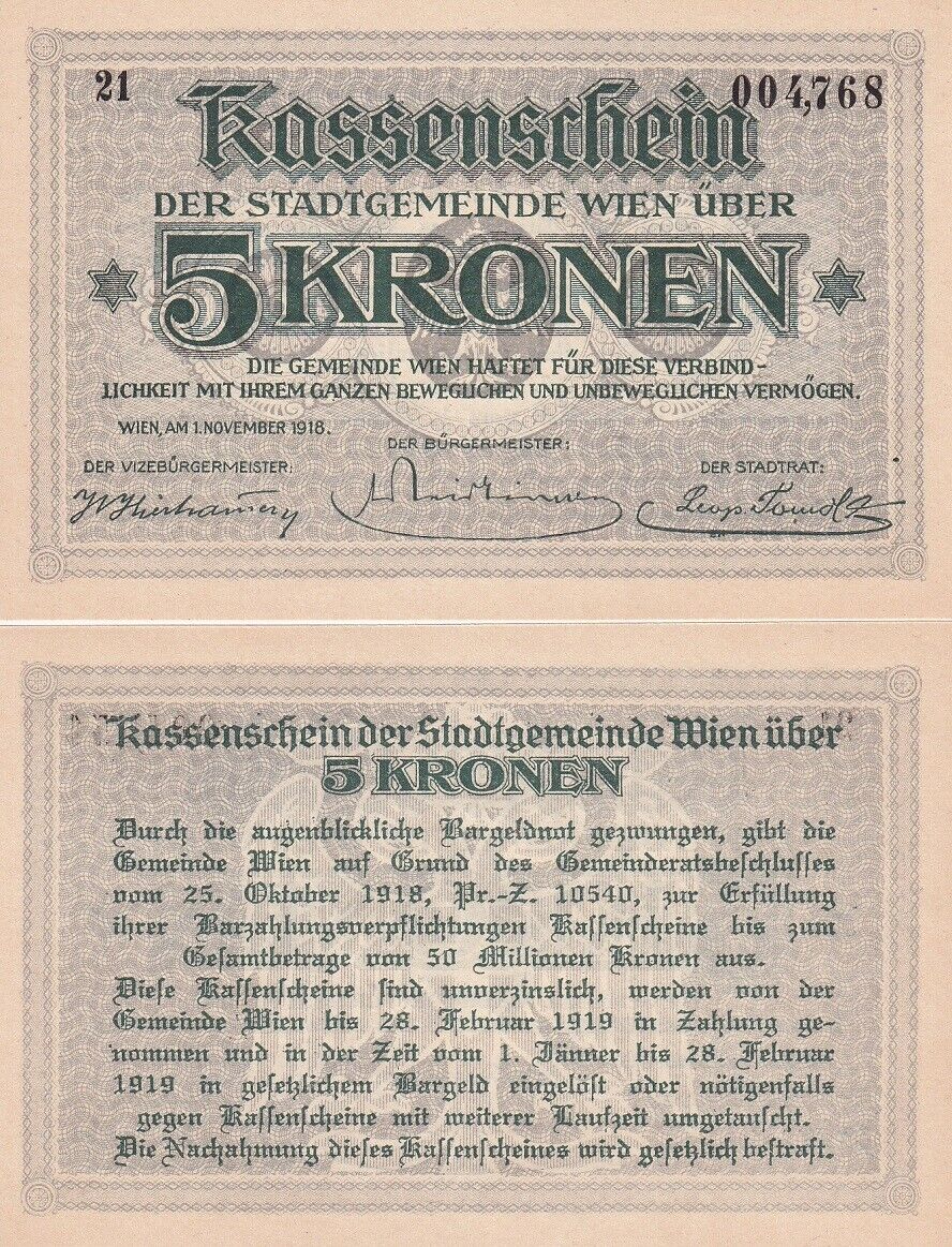 Austria 5 Kronen 1918 Municipality of Vienna UNC LOT 3 PCS