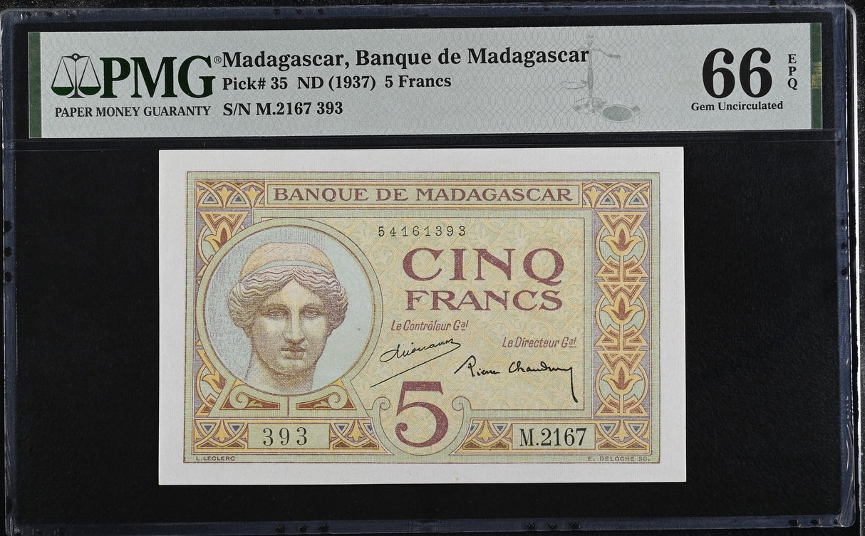 Madagascar 5 Francs ND 1937 P 35 Gem UNC PMG 66 EPQ TOP POP