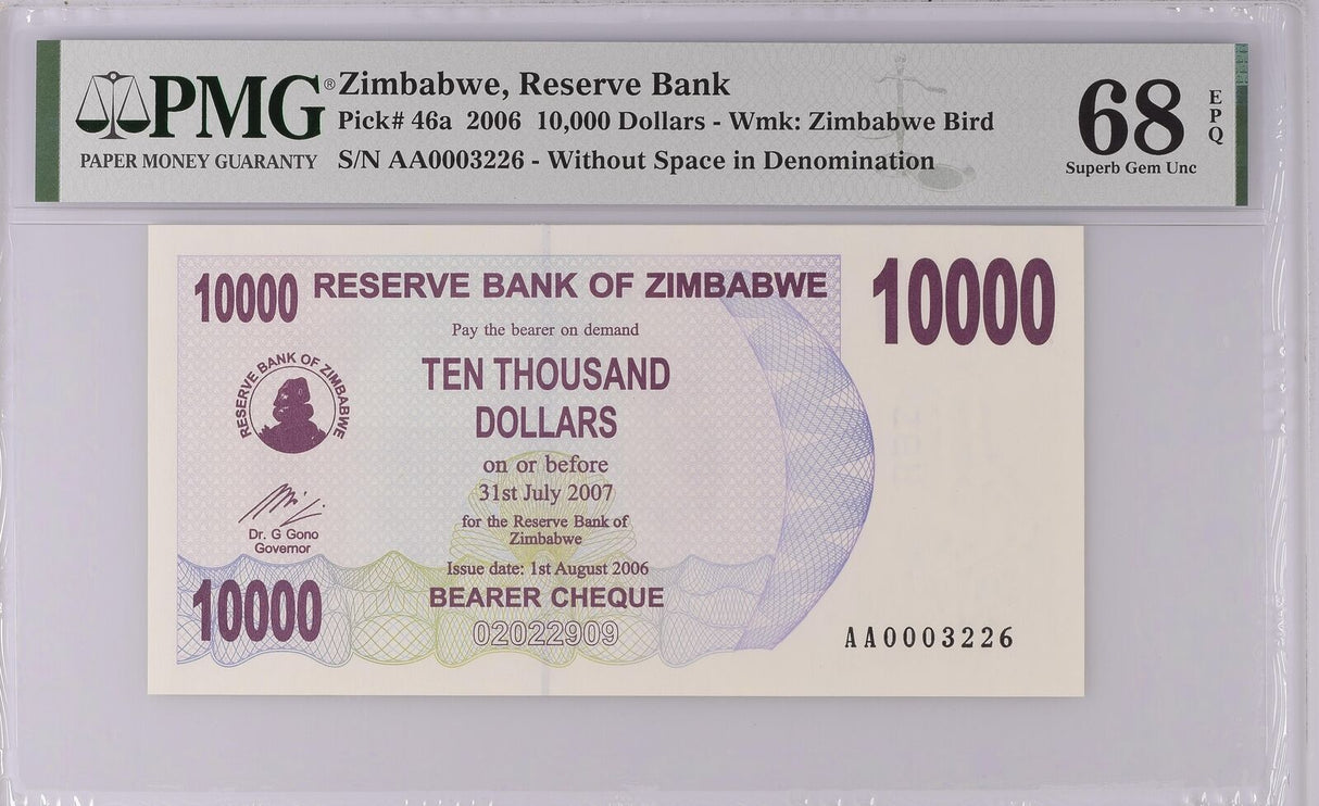 Zimbabwe 10000 Dollars 2006 P 46 a RARE Superb Gem UNC PMG 68 EPQ