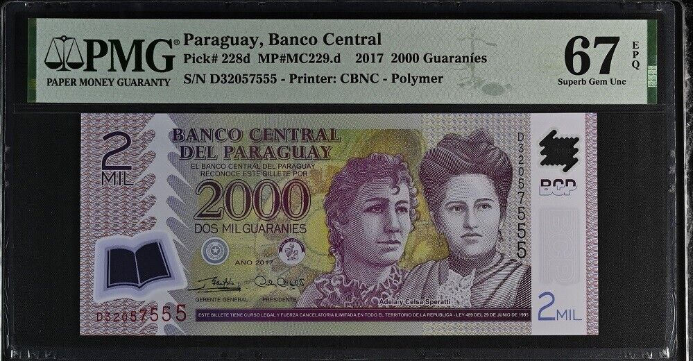 Paraguay 2000 Guaranies 2017 P 228 d Polymer Superb Gem UNC PMG 67 EPQ