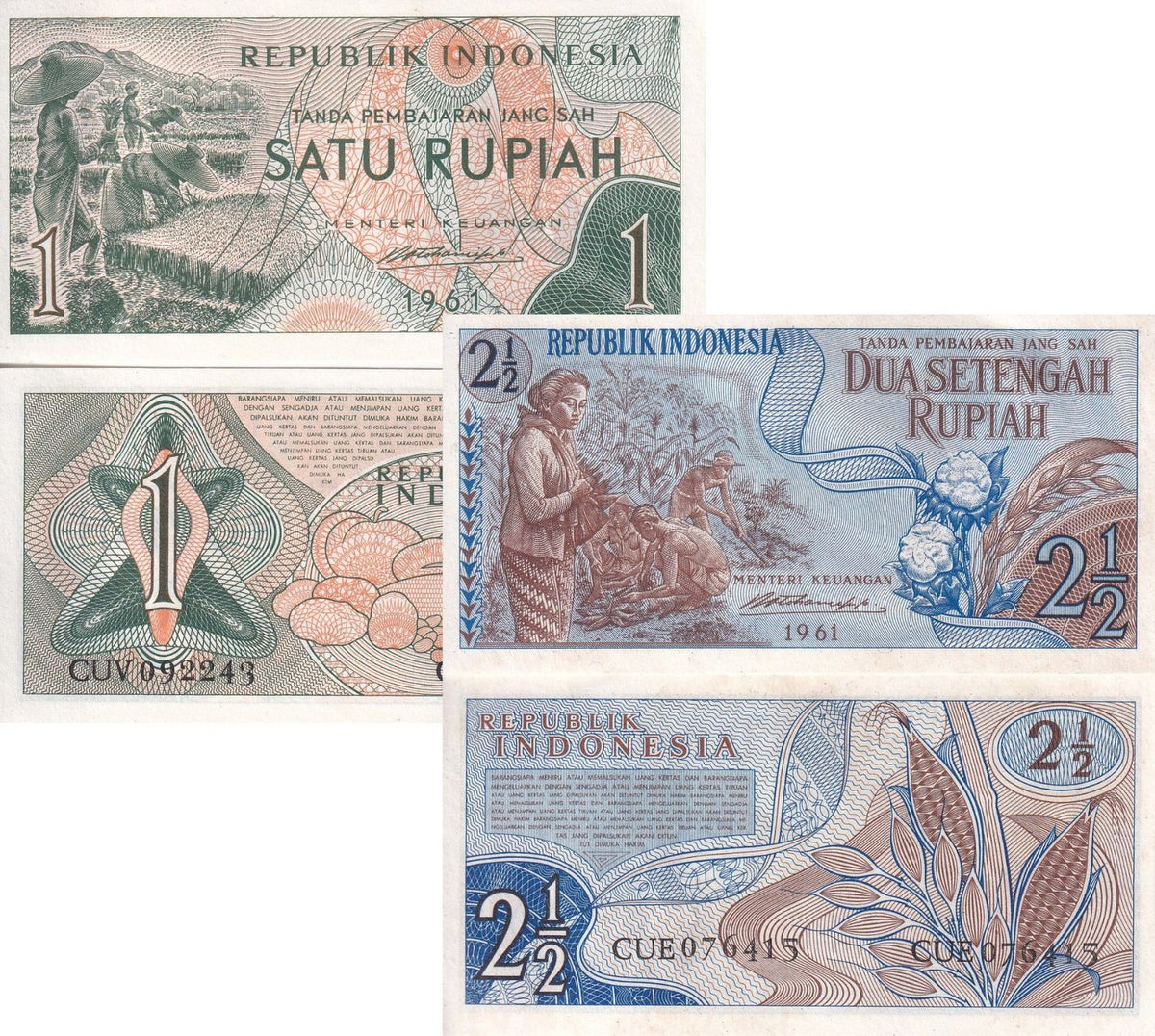 Indonesia SET 2 AU-UNC 1 AND 2.5 , 2 1/2 Rupiah 1961 P 78 79