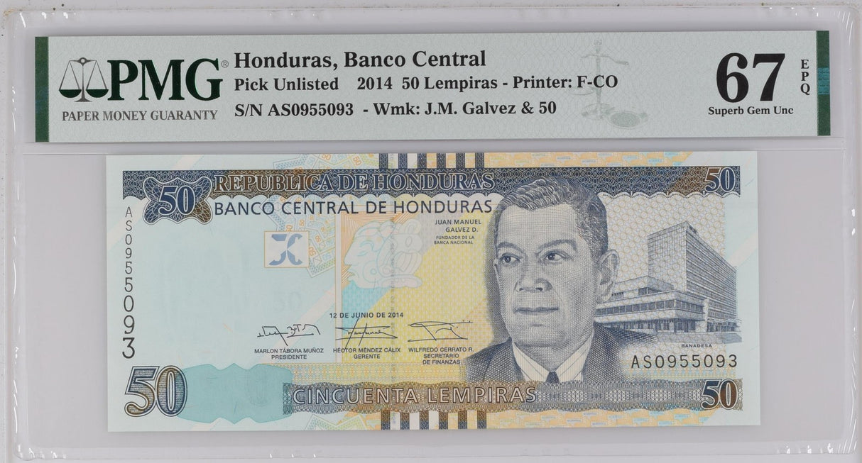 Honduras 50 Lempira 2014 P 101 Superb Gem UNC PMG 67 EPQ