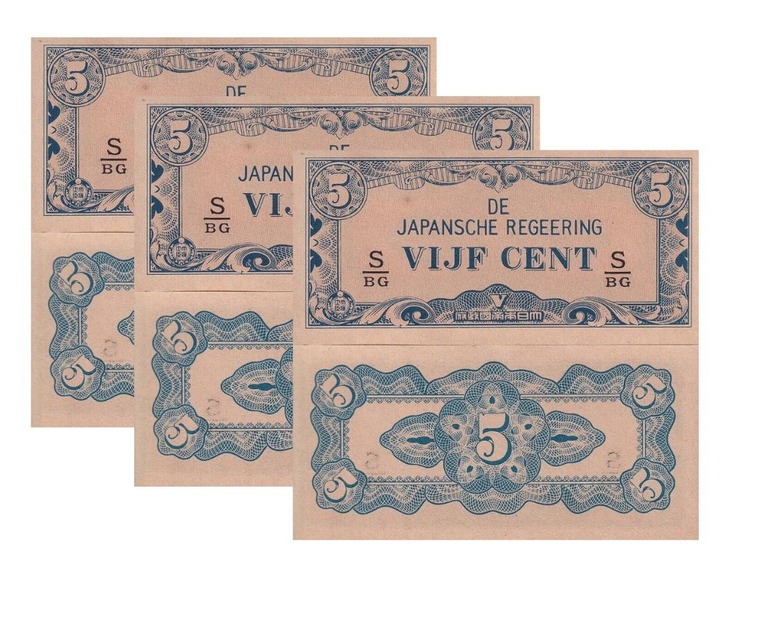 Netherlands Indies 5 Cents ND 1942 P 120 c UNC LOT 3 PCS