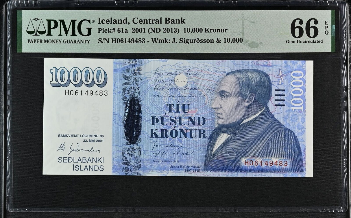 Iceland 10000 Kronur 2001 ND 2013 P 61 a Gem UNC PMG 66 EPQ