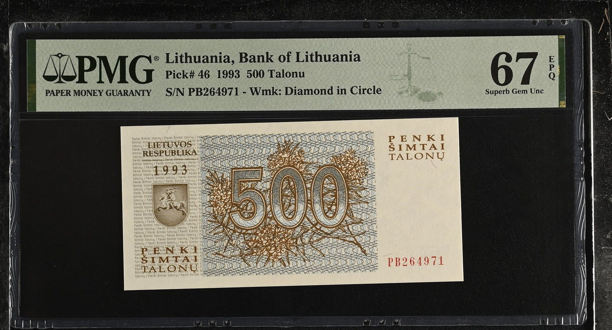 Lithuania 500 Talonu 1993 P 46 Superb Gem UNC PMG 67 EPQ