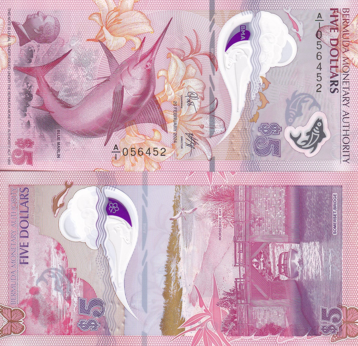 Bermuda 5 Dollars 2024 P 64 New Polymer Fish UNC