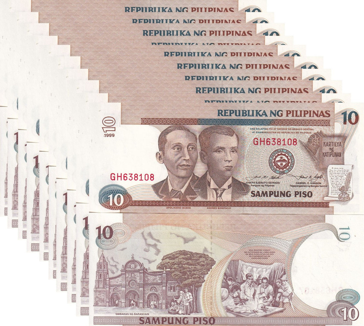 PHILIPPINES 10 Piso 1999 P 187 e UNC LOT 10 PCS