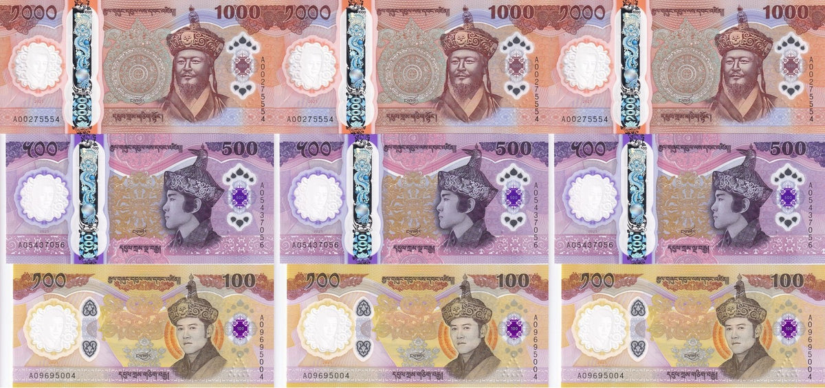 Bhutan SET 3 x 3 LOTs = 9 UNC 100 500 1000 Ngultrum 2025 /2026 Comm. Polymer