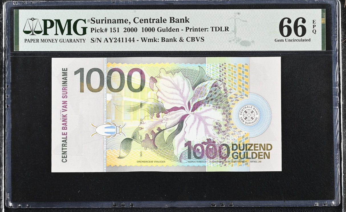 Suriname 1000 Gulden 2000 P 151 Gem UNC PMG 66 EPQ