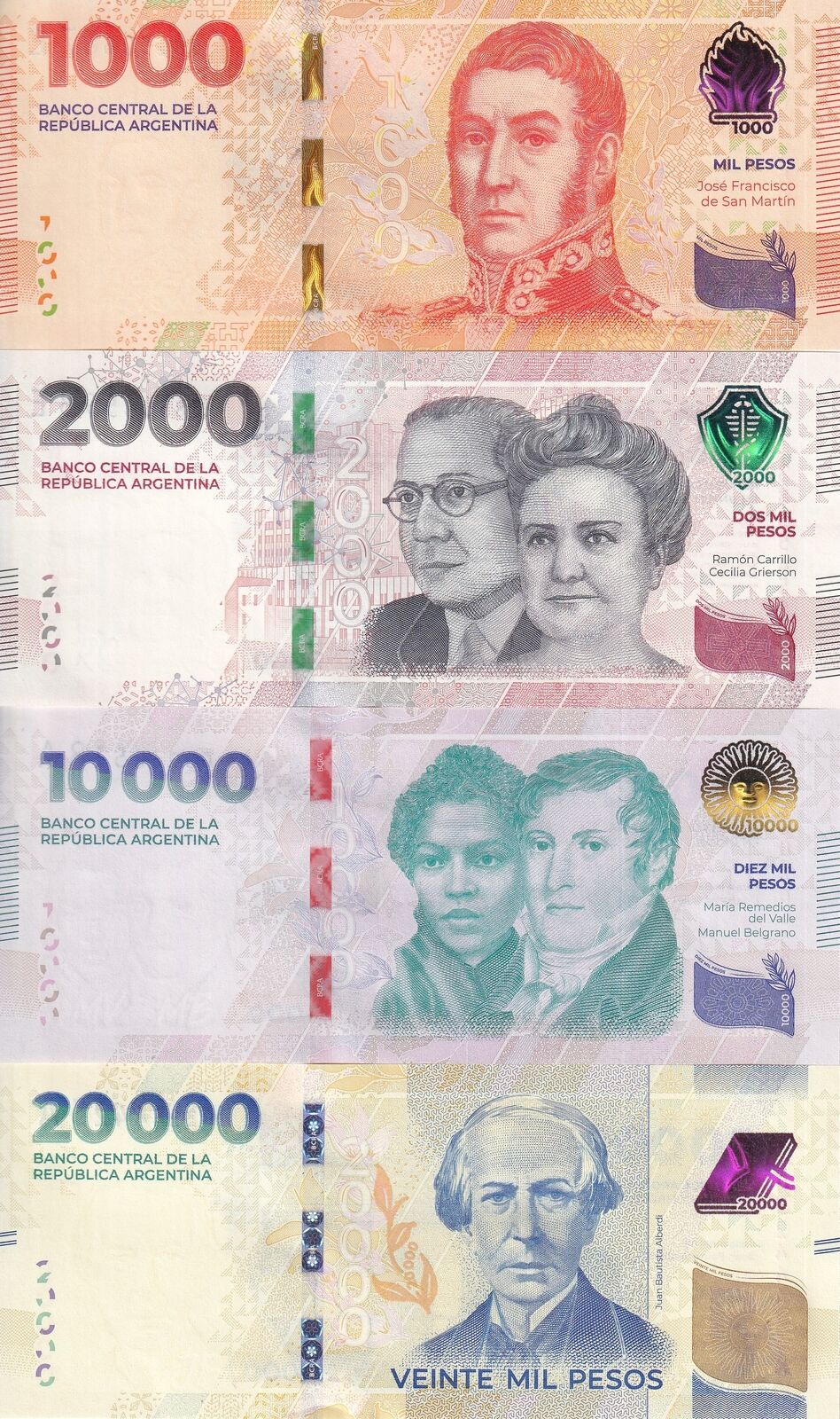 Argentina SET 4 UNC 1000 2000 10000 20000 Pesos ND 2023 2024 P 367 368 369 370