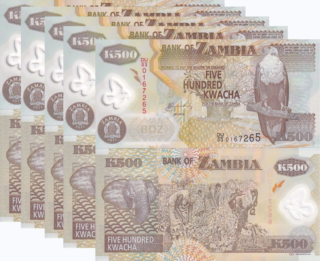 Zambia 500 Kwacha 2011 P 43 h Polymer UNC LOT 5 PCS