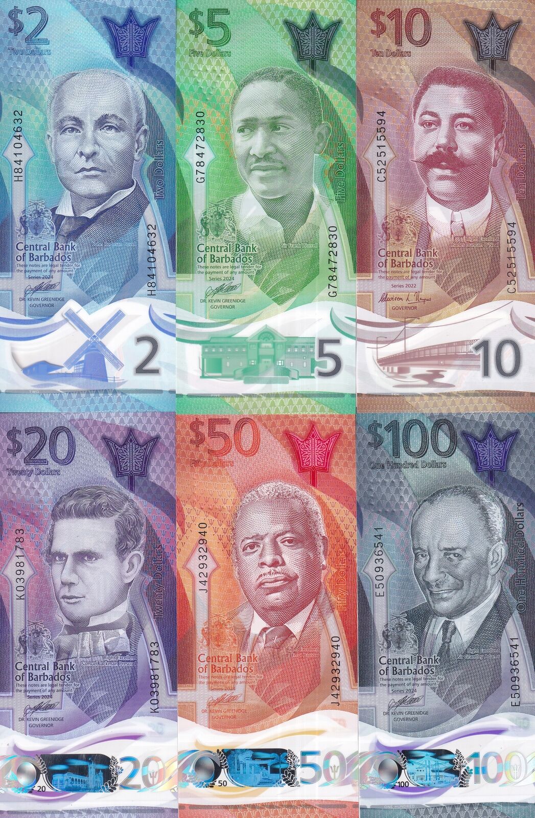 Barbados SET 6 UNC 2 5 (10 2022) 20 50 100 Dollars 2024 POLYMER P 80 81 82-84 85