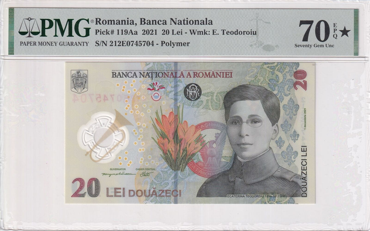 Romania 20 Lei 2021 P 119Aa Polymer Superb Gem UNC PMG 70 EPQ Extra Star Top