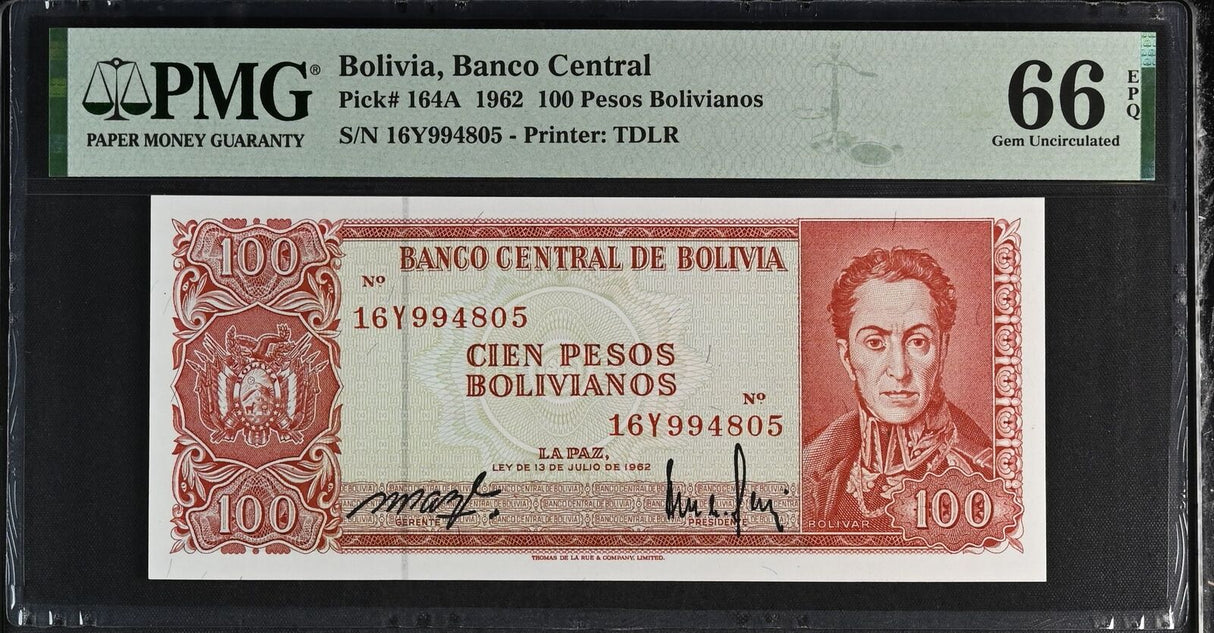 Bolivia 100 Pesos Bolivianos 1962 P 164A Gem UNC PMG 66 EPQ