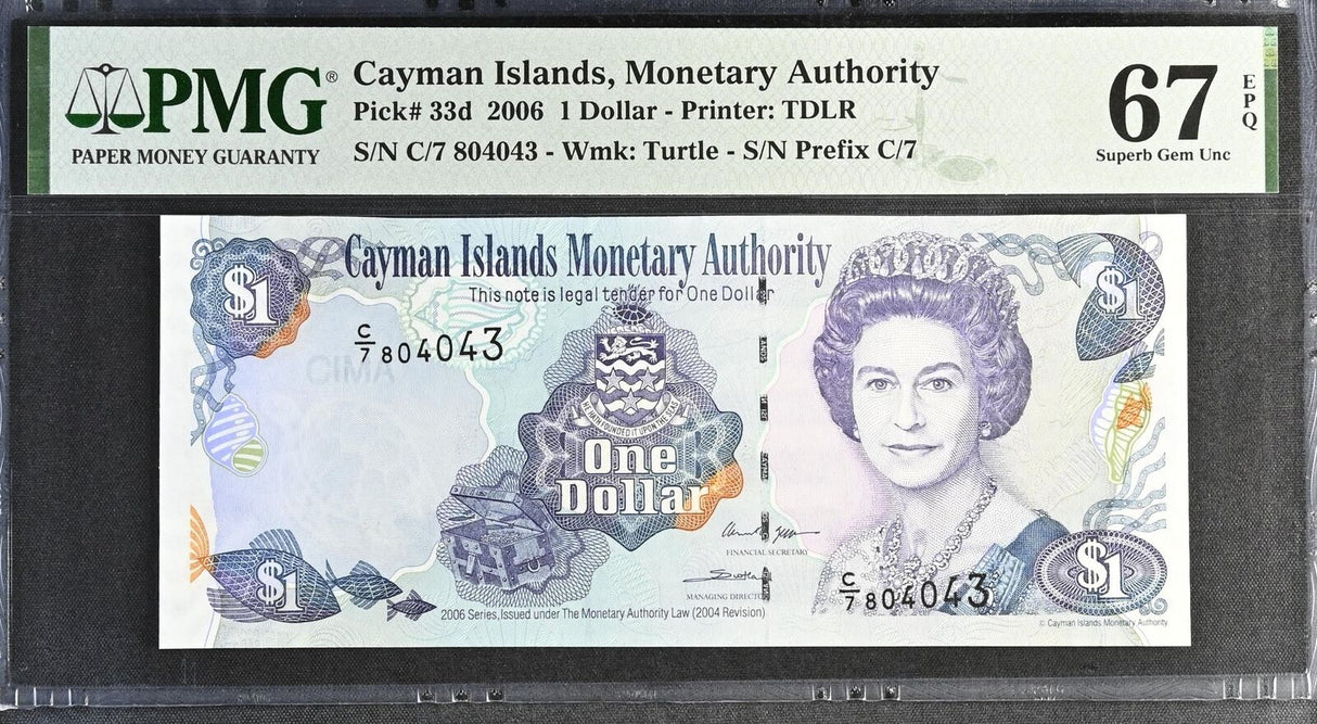 Cayman Islands 1 Dollar 2006 P 33 d PREFIX C/7 Superb Gem UNC PMG 67 EPQ