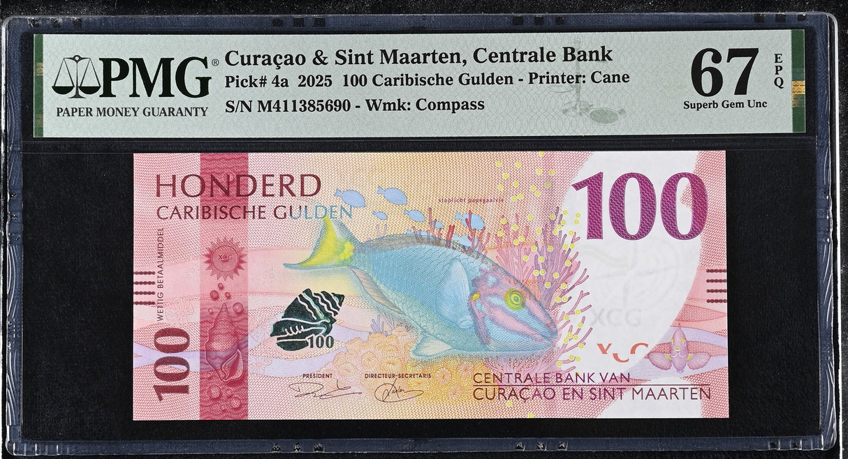 CURACAO & SINT MAARTEN 100 Gulden 2025 P 4 a Superb Gem UNC PMG 67 EPQ