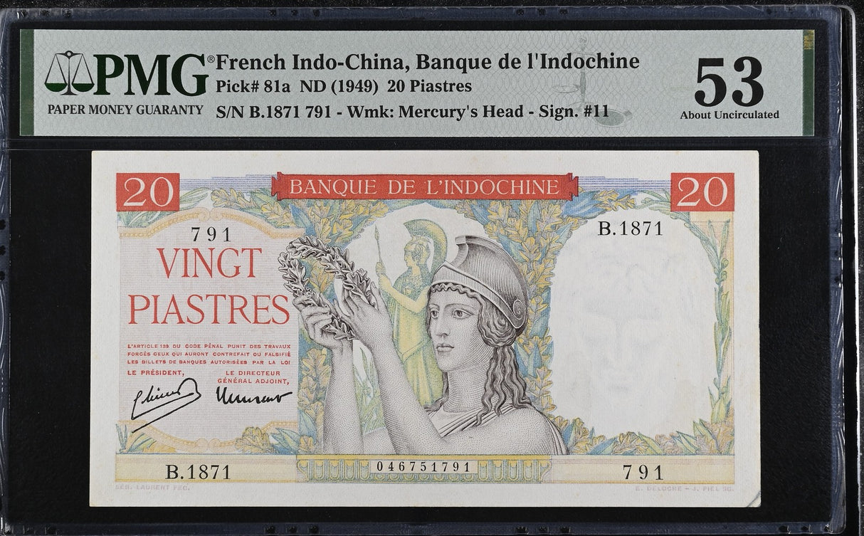 French Indochina 20 Piastres ND 1949 P 81 a About UNC PMG 53