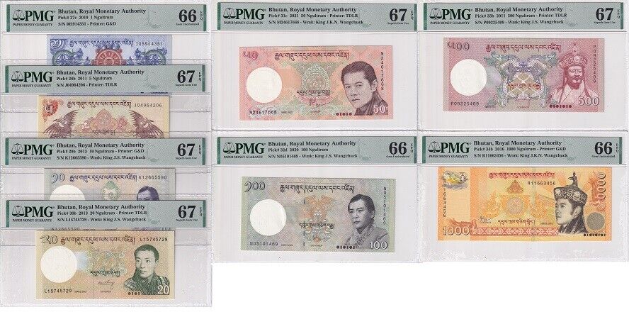 Bhutan Set 8; 1-100 500 1000 Ngultrum 2006-21 P 27- 34 Gem UNC PMG 66 67 EPQ
