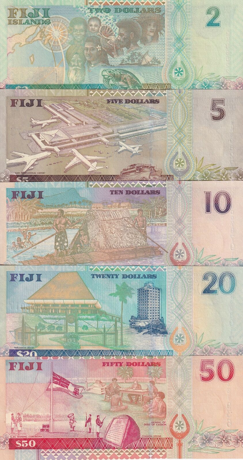 Fiji Set 5 PCS 2 5 10 20 50 Dollars Random Year P 102 P 105 P 106 107 P 108 UNC