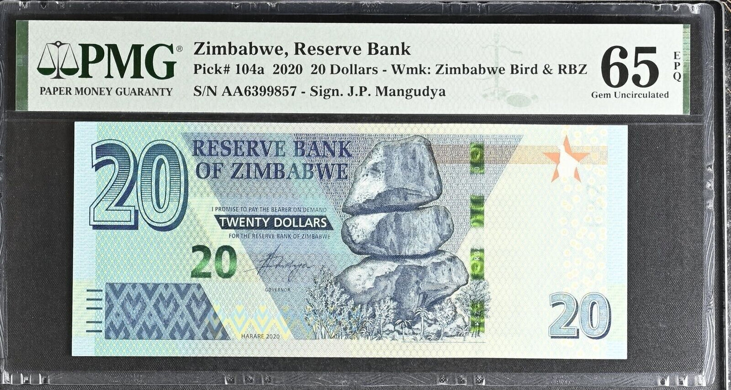 Zimbabwe 20 Dollars 2020 P 104 a AA Prefix Gem UNC PMG 65 EPQ